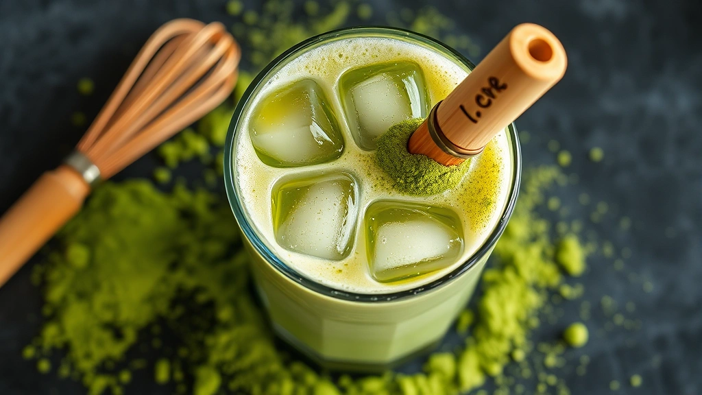 Overhead shot of completed iced matcha latte in a tall clear glass with creamy green liquid, ice cubes, and light foam layer on top, surrounded by fresh matcha powder and bamboo whisk, condensation on glass