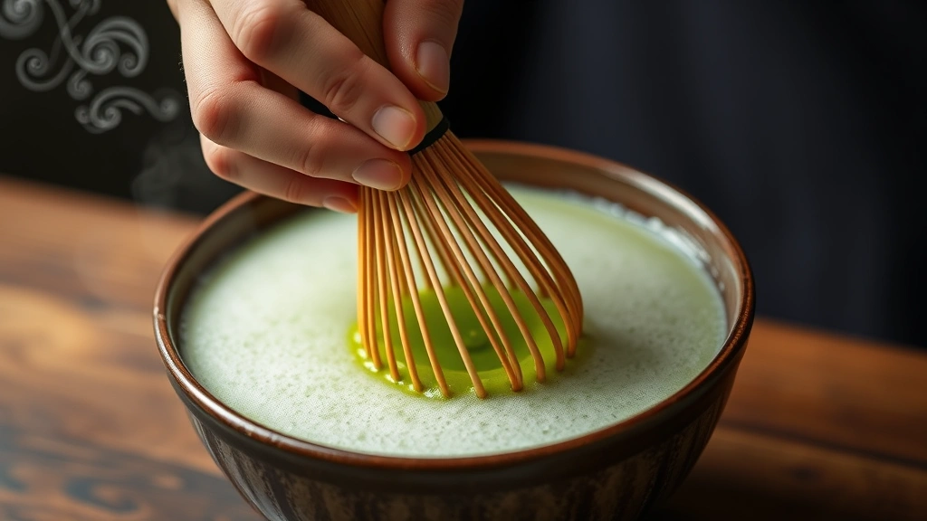 Action shot of hands whisking matcha with traditional bamboo whisk in ceramic bowl, creating frothy texture and foam, vibrant jade-green color visible, steam rising slightly from hot matcha mixture