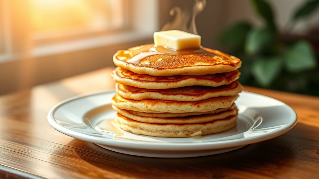 Golden-brown fluffy pancakes stacked on a white plate with melting butter on top, warm steam rising, soft morning sunlight streaming across the plate