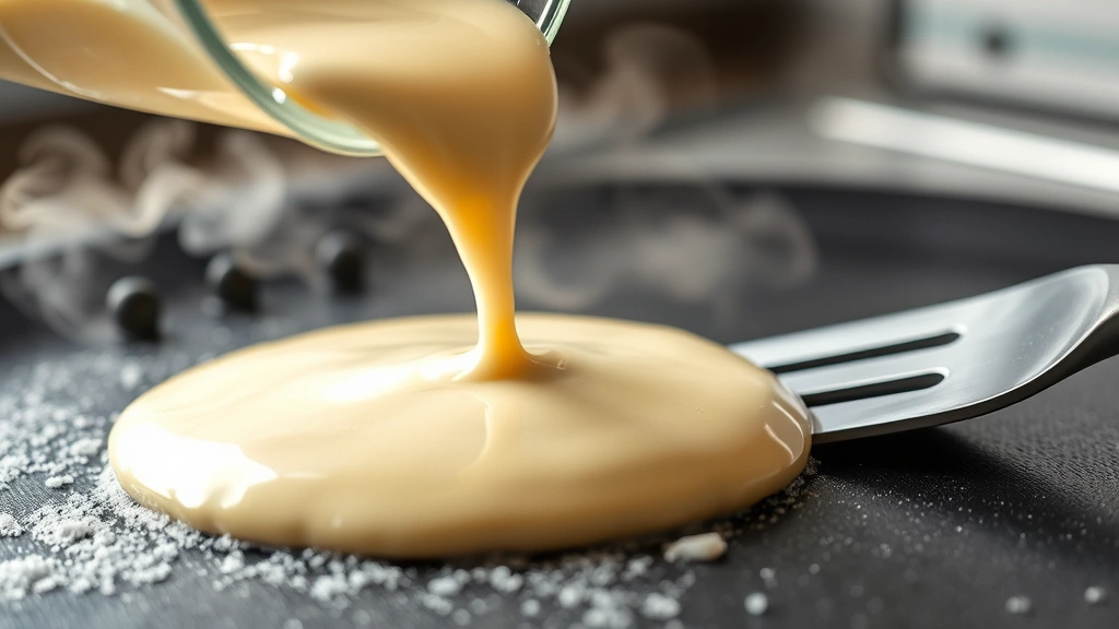 Close-up of pancake batter being poured onto a hot griddle, bubbles forming on the surface, spatula ready nearby, steam visible from the hot cooking surface