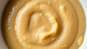 Close-up overhead shot of fermented teff batter with visible bubbles and slight foam on surface, golden-brown color, in white ceramic bowl, natural lighting