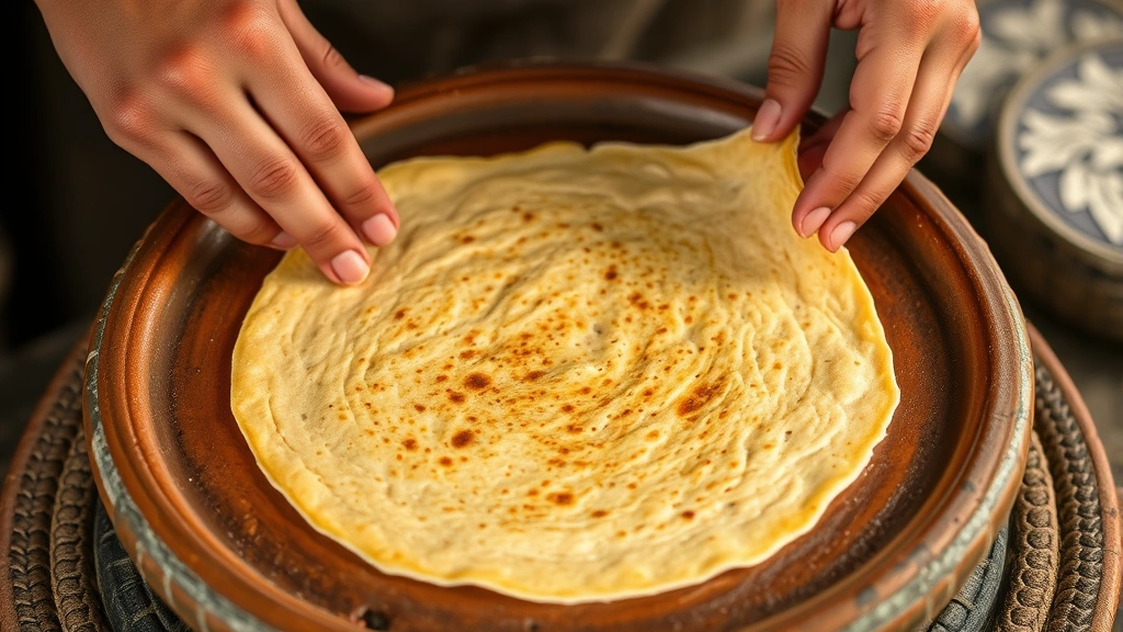 Hands spreading thin injera batter on traditional clay mitad cooking surface, steam rising, golden-brown color developing, side angle showing technique