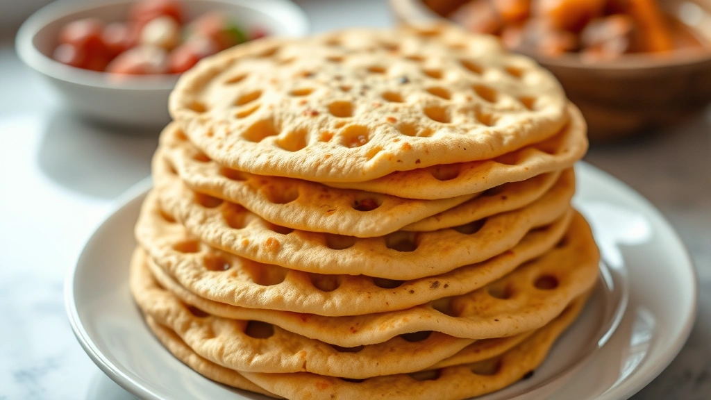 Stack of finished injera breads piled on white plate with characteristic holes and spongy texture visible, warm golden color, traditional Ethiopian presentation with stews blurred in background