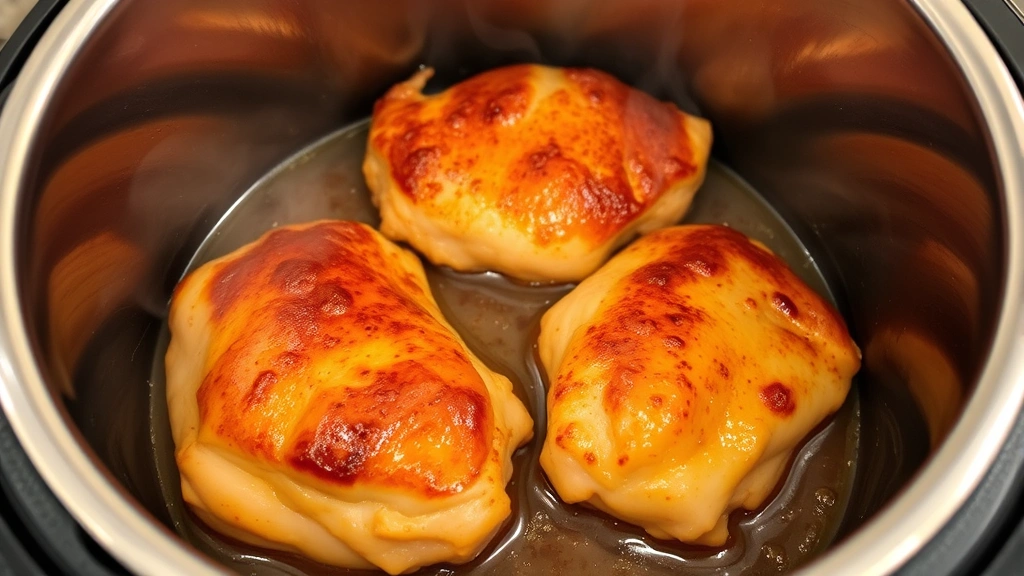 Golden-brown chicken thighs sizzling in an Instant Pot with rendered fat glistening on skin, aromatic steam rising, showing proper browning technique before pressurizing