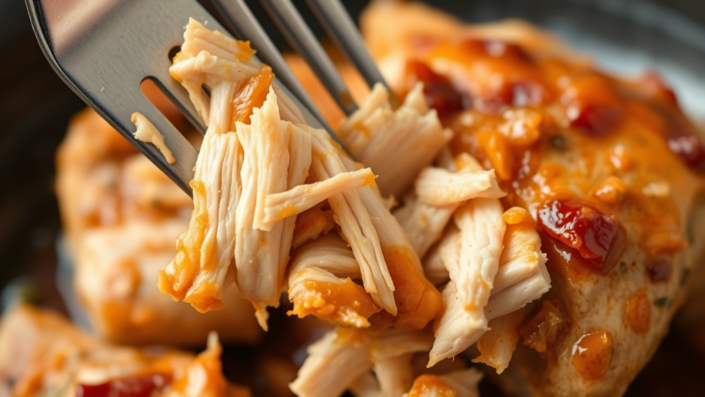 Close-up of fork shredding tender, juicy chicken thigh meat that falls apart easily, demonstrating perfectly cooked texture with sauce coating the meat
