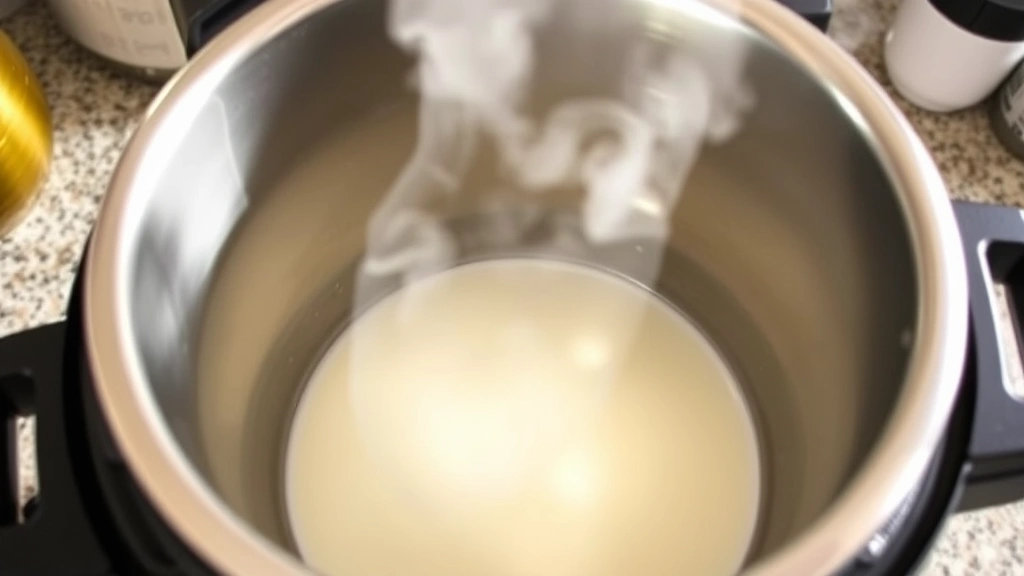 Instant Pot inner pot filled with milk being heated, steam rising from the opening, cooking thermometer visible showing 180 degrees, stainless steel interior reflecting light, kitchen counter setting