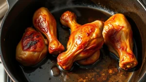 Golden-brown chicken thighs and drumsticks being seared in a cast iron pot with oil, showing crispy caramelized skin and dark fond on the bottom, steam rising