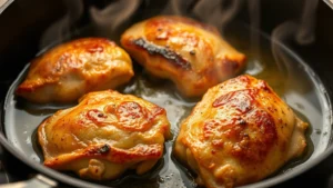 Golden-brown chicken thighs searing in hot oil in a Dutch oven, creating deep caramelization on the surface, steam rising from the pan