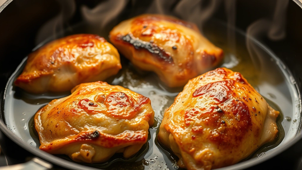 Golden-brown chicken thighs searing in hot oil in a Dutch oven, creating deep caramelization on the surface, steam rising from the pan