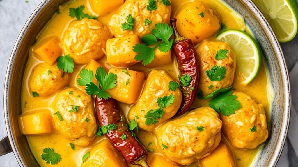 Creamy coconut curry sauce coating tender chicken pieces with golden potatoes and whole Scotch bonnet peppers nestled throughout, garnished with fresh cilantro and lime wedges