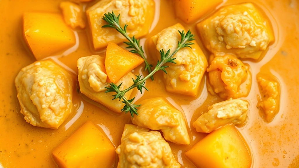 Creamy coconut milk-based curry sauce with tender chicken pieces and golden potato cubes, garnished with fresh thyme sprigs, rich golden-brown color throughout