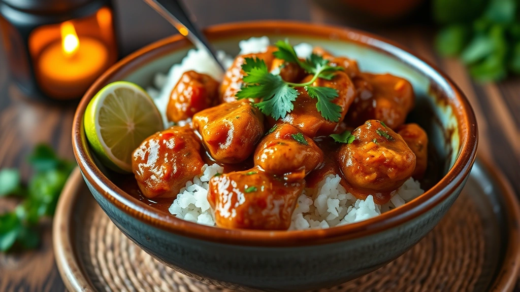 Finished Jamaican curry chicken served over fluffy white rice in a ceramic bowl, sauce coating chicken pieces, fresh cilantro and lime wedge on the side, warm tropical lighting
