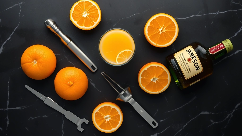 Top-down flat lay of freshly squeezed orange juice in a clear glass, whole fresh oranges, a bar jigger, citrus juicer, and a bottle of Jameson whiskey arranged artfully on a dark marble countertop