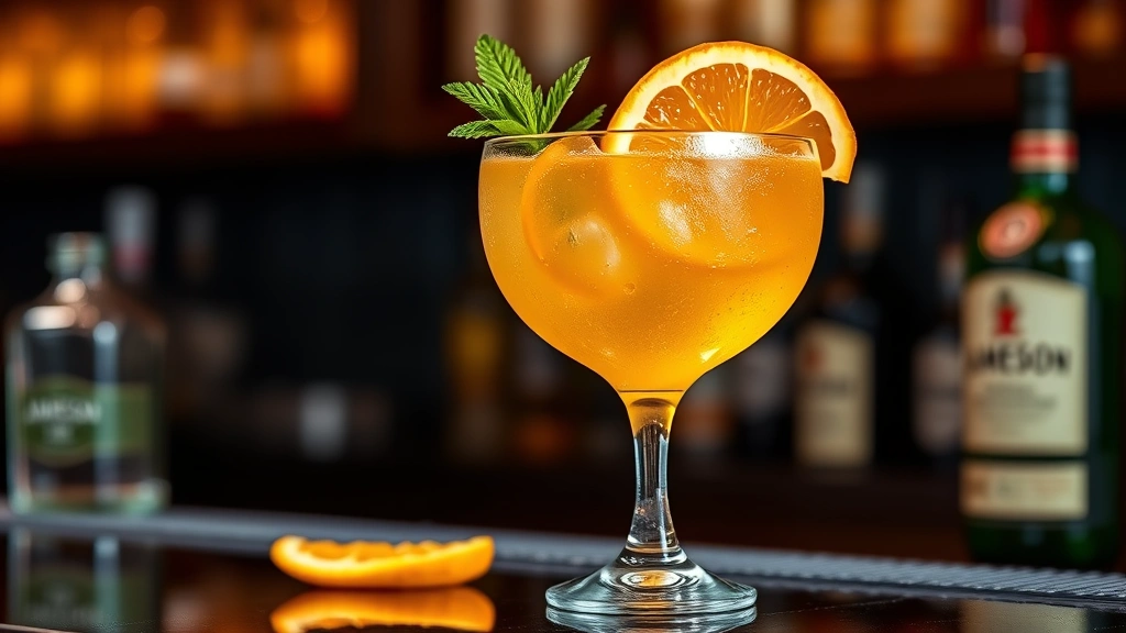 Finished Jameson orange cocktail in a coupe glass with an expressed orange peel twist, ice-cold condensation on the glass, garnished with fresh mint and an orange wheel, professional bar setting with soft warm lighting