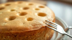 Close-up of warm vanilla cake with multiple holes poked throughout surface, fork sitting nearby, warm kitchen lighting, shallow depth of field focusing on holes