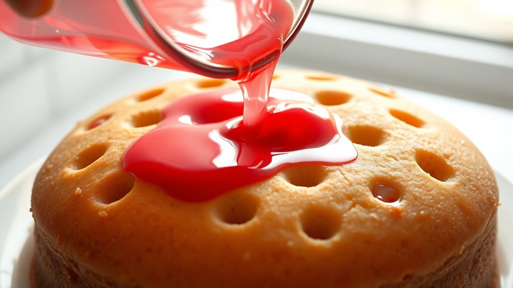 Clear glass bowl with vibrant strawberry-colored liquid being poured over poked cake, warm steam visible, showing absorption into cake holes, bright daylight from window