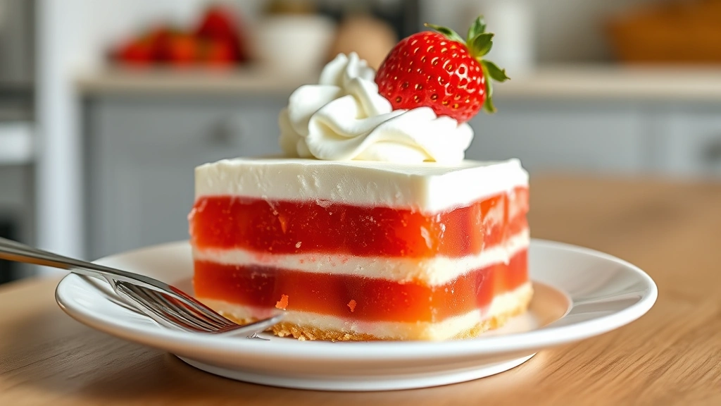 Finished jello poke cake slice on white plate with dollop of whipped cream frosting and fresh strawberry garnish, fork beside plate, soft natural lighting, blurred kitchen background