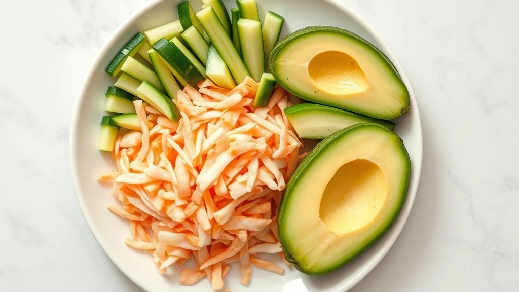 Overhead flat lay of shredded imitation crab sticks, fresh cucumber matchsticks, and ripe avocado slices arranged separately on a white ceramic plate, Japanese kitchen setting, natural daylight
