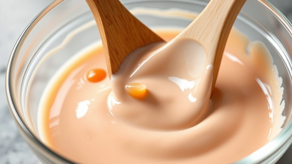 Close-up of creamy pink Japanese mayo-sriracha dressing being whisked in a clear glass bowl with wooden spoon, sesame oil drizzling in, professional kitchen lighting