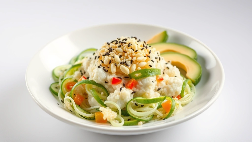 Plated kani salad served in a white bowl garnished with white and black sesame seeds, thin cucumber slices, and avocado wedges arranged artfully, chilled presentation, soft studio lighting