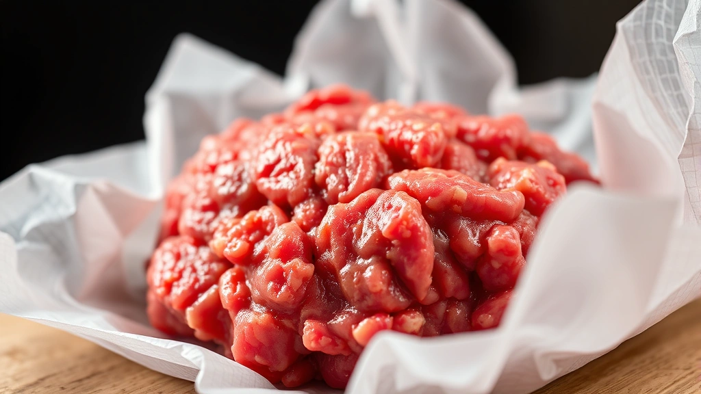 Fresh raw ground beef with visible fat marbling and bright red color in butcher paper, professional food photography lighting, macro detail of meat texture, no text or labels visible