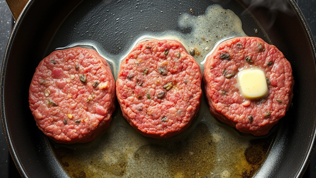 Three different ground beef patties cooking in cast iron skillet with sizzling butter, golden crust forming, steam rising, cooked to medium doneness, overhead angle shot showing meat texture detail