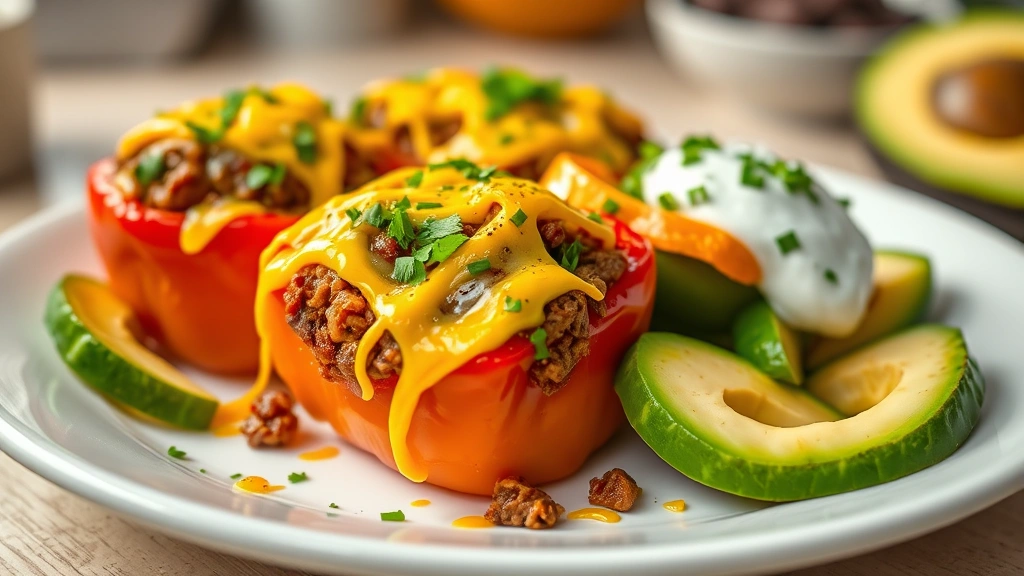 Vibrant keto beef mince stuffed bell peppers topped with melted cheddar cheese and fresh herbs, served on white plate with avocado slices and sour cream dollop, warm kitchen lighting, shallow depth of field