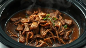 Slow cooker filled with tender shredded beef in rich brown gravy with herbs, steam rising from the top, close-up view of the finished dish