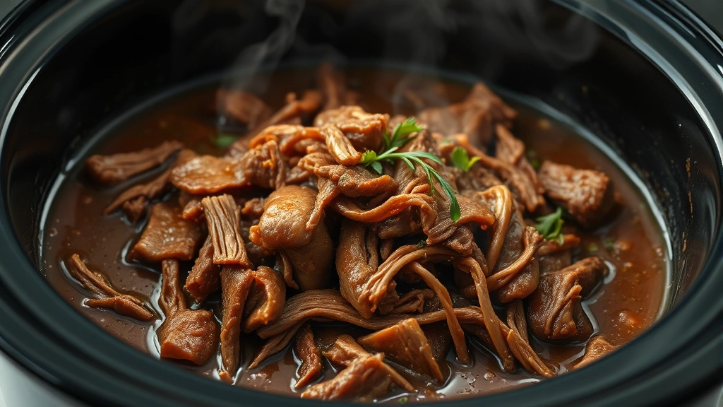 Slow cooker filled with tender shredded beef in rich brown gravy with herbs, steam rising from the top, close-up view of the finished dish