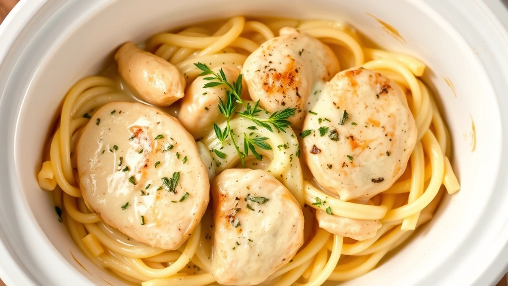 Creamy chicken Alfredo with parmesan cheese and fresh herbs in a white ceramic slow cooker bowl, golden-brown coloring, appetizing presentation