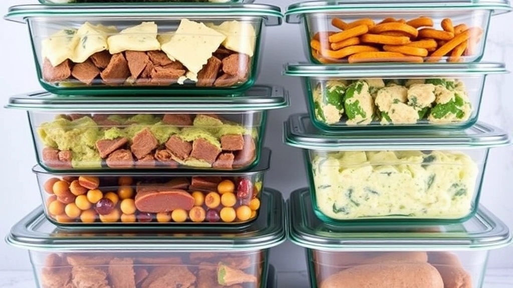 Multiple glass meal prep containers with various keto crockpot meals stacked neatly, showing different dishes like beef stew, creamed spinach, and meat portions