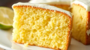 Close-up of sliced key lime cake showing moist yellow crumb with bright lime juice soaked throughout, cream cheese frosting between layers, natural lighting on white plate