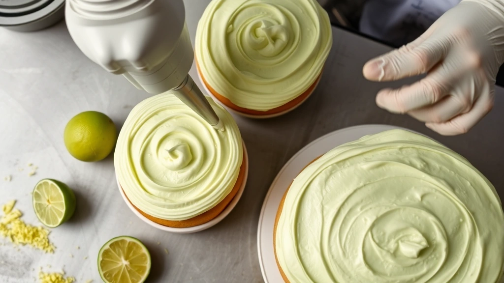 Overhead shot of baker frosting layers of key lime cake with pale green cream cheese frosting, fresh key lime halves and zest nearby, professional kitchen setting