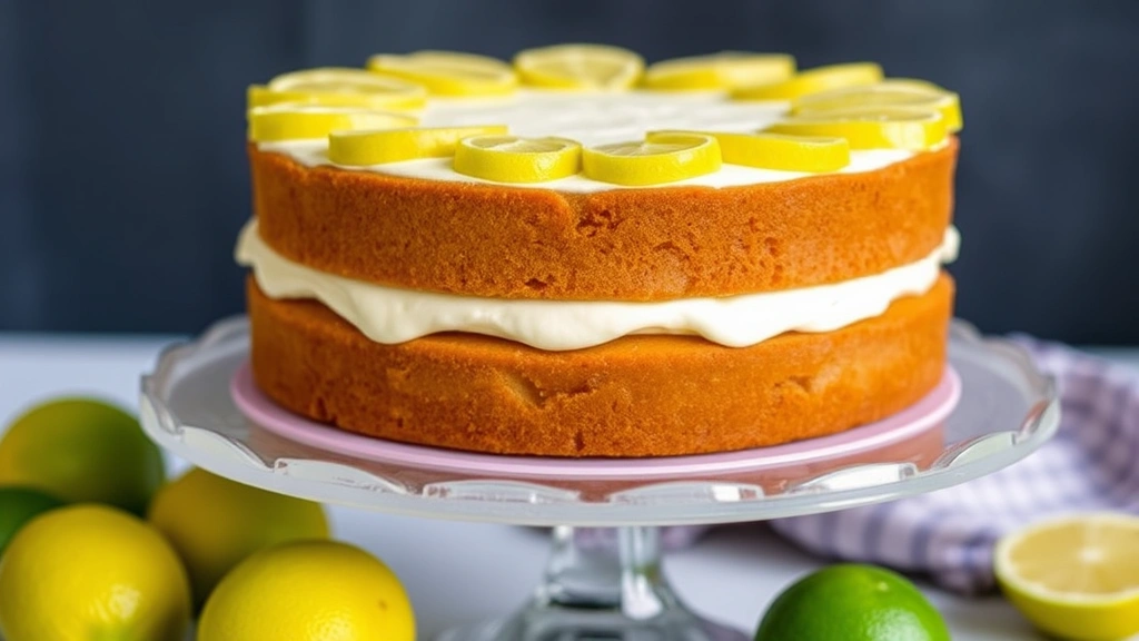 Finished key lime layer cake decorated with candied lime slices on top and around edges, cream cheese frosting visible between layers, displayed on cake stand with fresh limes as garnish