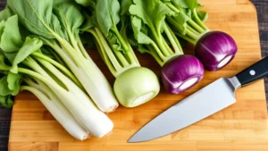 Fresh whole kohlrabi bulbs with green leaves attached, displaying pale green and purple varieties on wooden cutting board with chef's knife