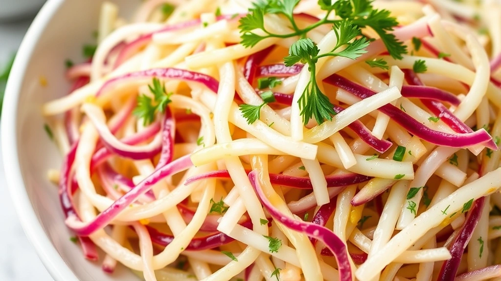 Close-up of finished kohlrabi slaw in white serving bowl, showing shredded vegetables glistening with vinaigrette, garnished with fresh dill and parsley