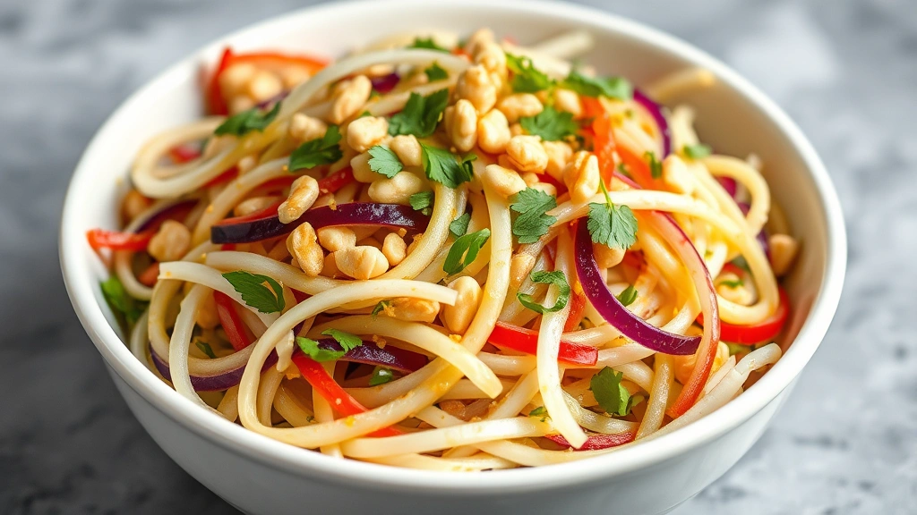 Finished kohlrabi slaw with julienned vegetables glistening in vinaigrette dressing, garnished with crushed peanuts and fresh herbs in a white ceramic bowl
