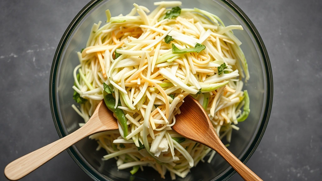 Overhead shot of kohlrabi slaw being tossed with wooden spoons in large glass mixing bowl, vegetables coated in tangy dressing, soft natural lighting