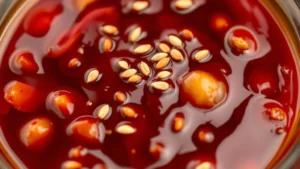 Close-up of glistening Korean BBQ sauce in glass bowl with sesame seeds on top, glossy and rich with visible garlic and ginger pieces, warm lighting