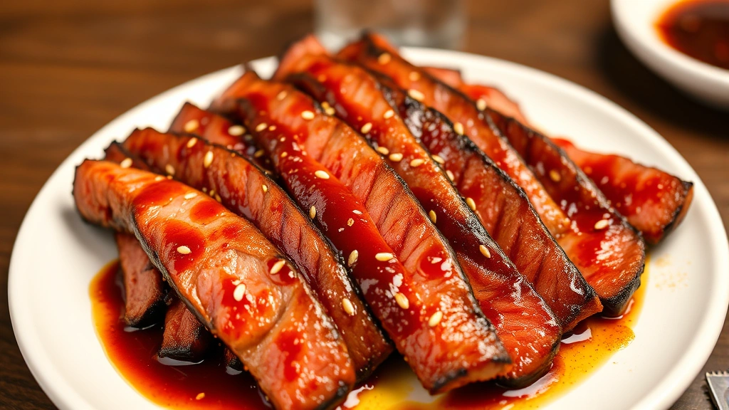 Perfectly grilled thin-sliced Korean beef bulgogi with caramelized brown edges brushed with glossy sauce, arranged on white ceramic plate with sesame garnish