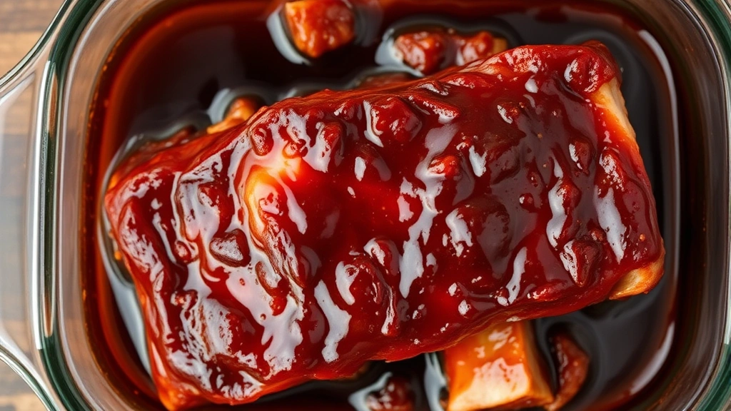 Overhead shot of marinating Korean short ribs coated in dark glossy BBQ sauce in glass container, showing rich color and texture of marinade