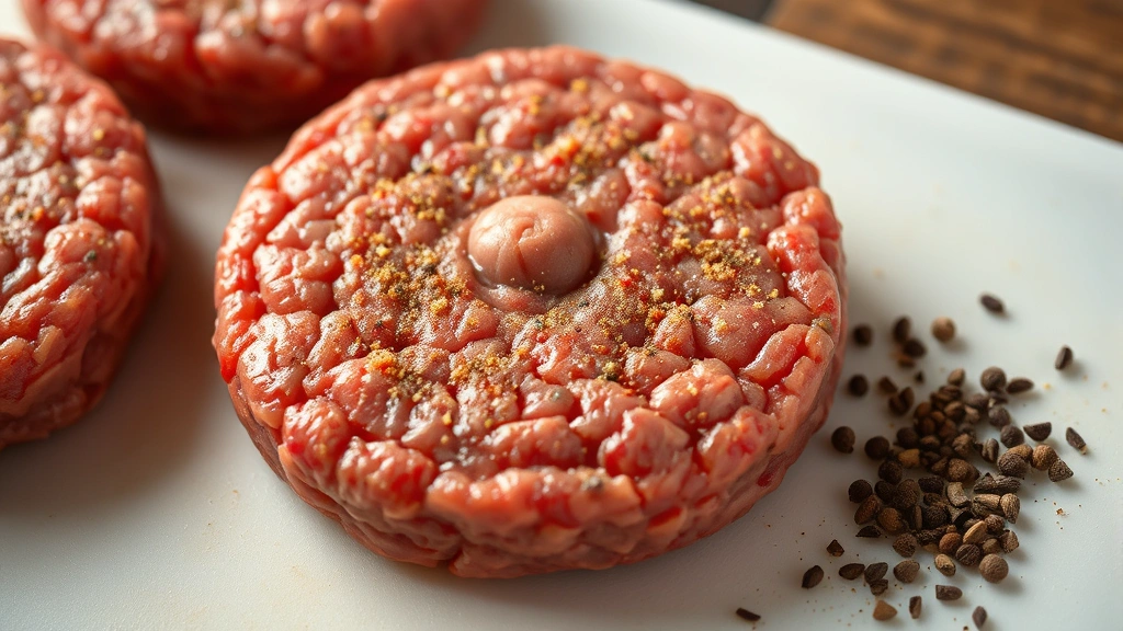 Close-up of a perfectly formed raw hamburger patty with golden-brown seasoning, slight thumb depression visible in center, on a clean white cutting board with fresh cracked pepper nearby