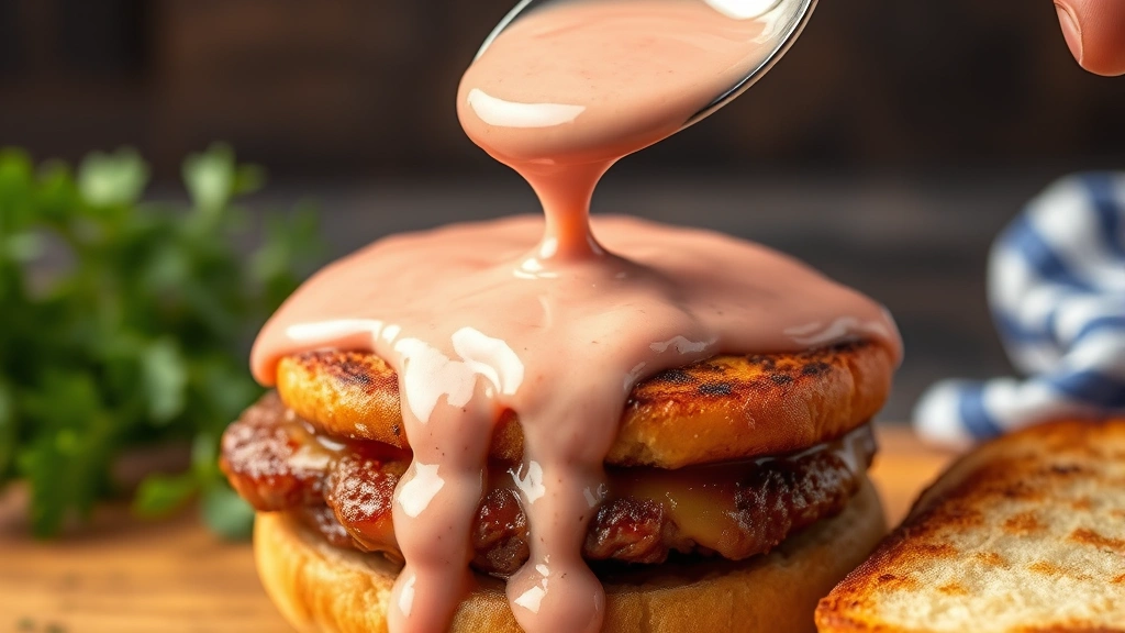 Creamy pink-red secret sauce being drizzled from a spoon onto a toasted hamburger bun, sauce coating the bread evenly, fresh herbs visible in background
