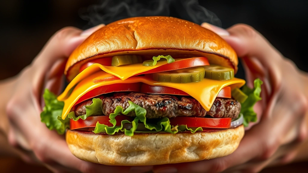 Fully assembled gourmet hamburger with melted American cheese draped over cooked beef patty, fresh crispy lettuce, ripe red tomato slices, dill pickles, and thin onion visible, burger held in hands with steam rising, toasted bun golden-brown