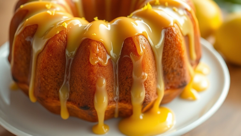Golden-brown lemon bundt cake with thick glossy lemon glaze dripping down the sides, fresh lemon zest sprinkled on top, cake on white ceramic plate, bright natural lighting, shallow depth of field