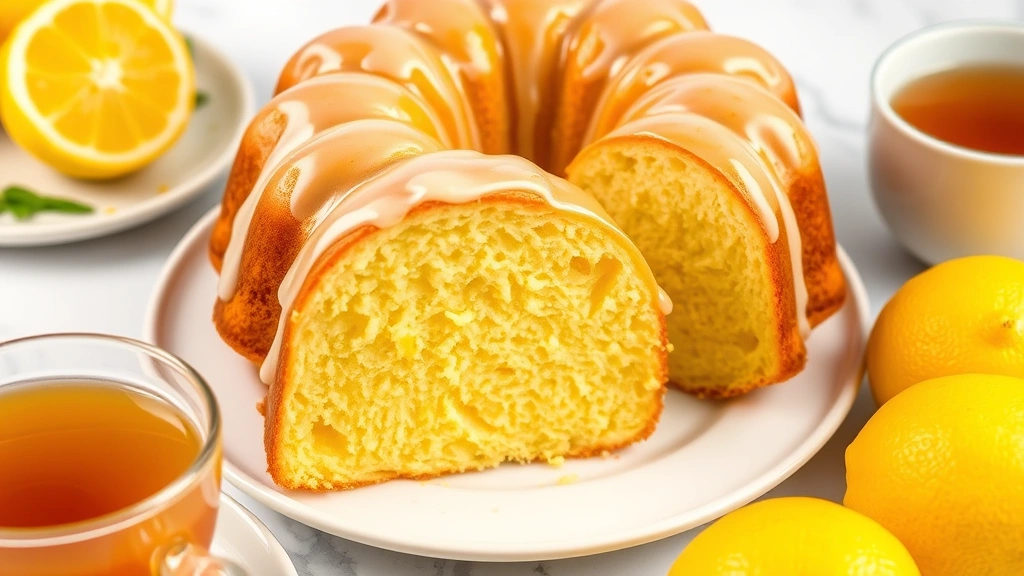 Sliced lemon bundt cake showing moist tender crumb interior, bright yellow color from lemon zest throughout, glossy glaze coating, served with cup of tea and fresh lemons beside the plate