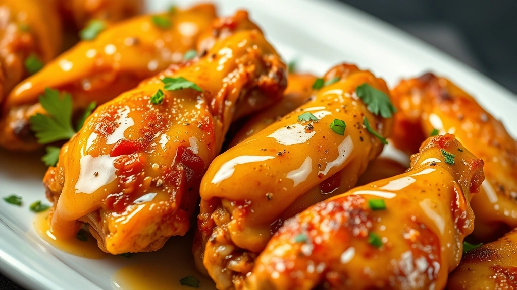 Close-up of golden-brown crispy chicken wings glistening with glossy lemon butter sauce, garnished with fresh parsley and cracked black pepper, on a white plate with dramatic lighting