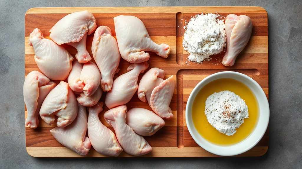 Overhead shot of raw chicken wings separated into drumettes and flats on a wooden cutting board next to a small bowl of seasoned flour mixture and eggs in a shallow dish