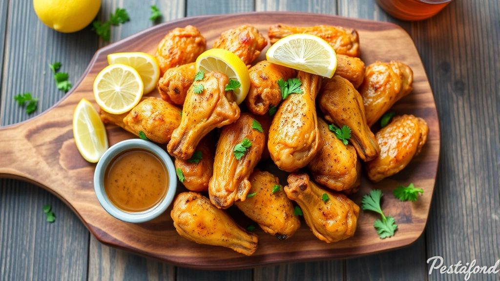 Finished lemon pepper wings piled on a rustic wooden serving board with fresh lemon slices, scattered parsley, and a small ramekin of sauce on the side