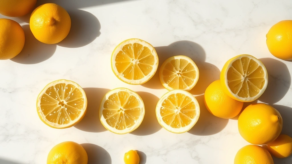Fresh Meyer lemons and regular lemons cut in half on white marble counter, showing juicy interior, natural sunlight creating shadows, whole lemons scattered around